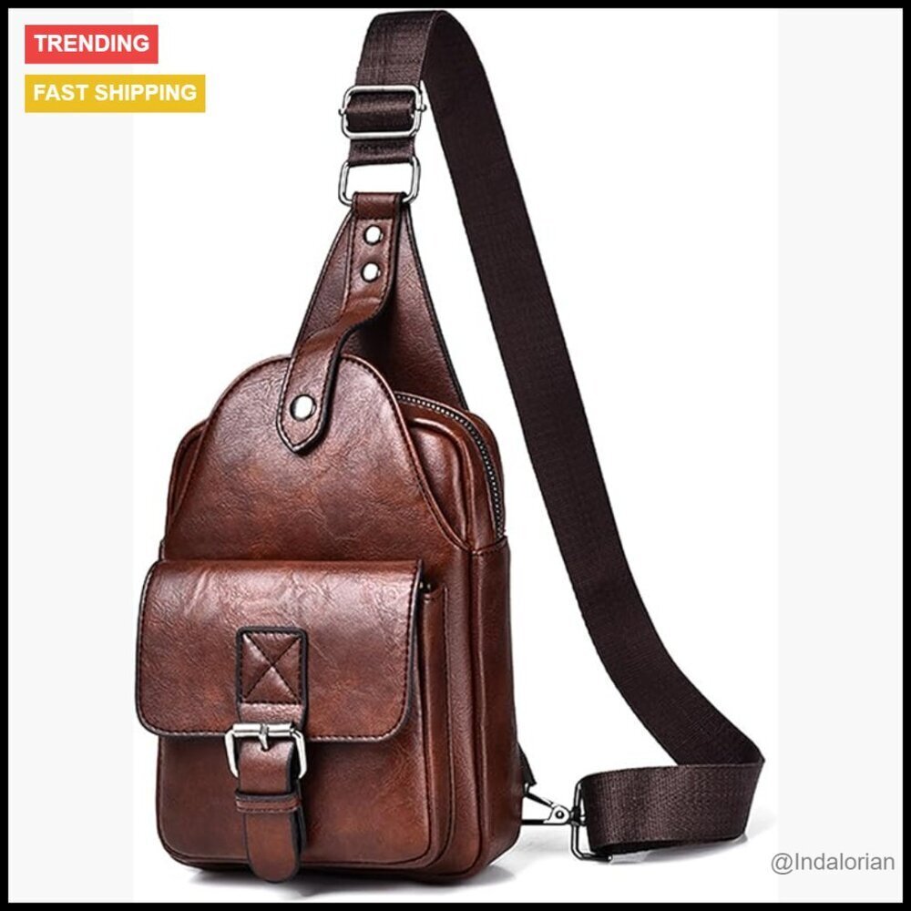 Leather Crossbody Sling Bag Anti-Theft Multi-Pocket Retro Travel Daypack